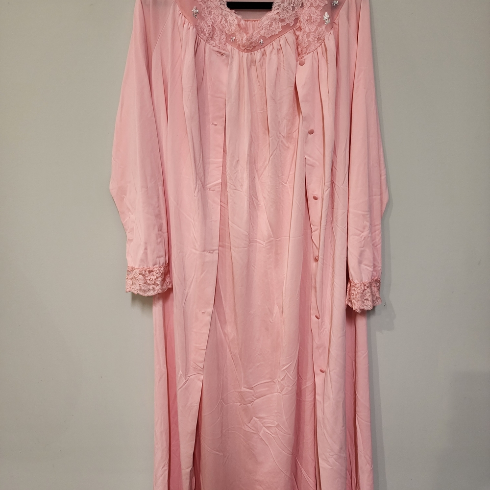 VTG Pink Lace-Trim Women's Nightgown & Robe Set Shadowline Size Medium